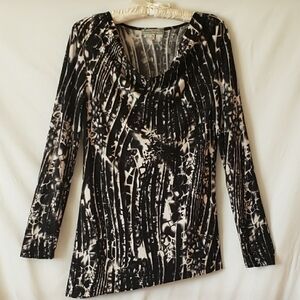 Black and White Drape Neck Asymmetrical Ruched Blouse